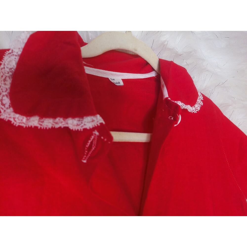 Vintage Red Flannel Housecoat Button Front Lace Pocket Dress Small NWT - Picture 6 of 7